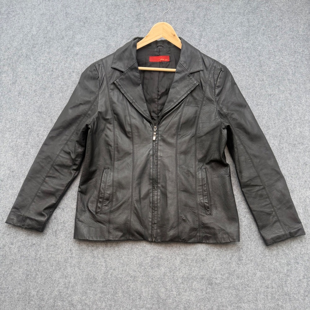 Max USA Womens Black Genuine Leather Zip Up Jacket Notched Lapel Size L